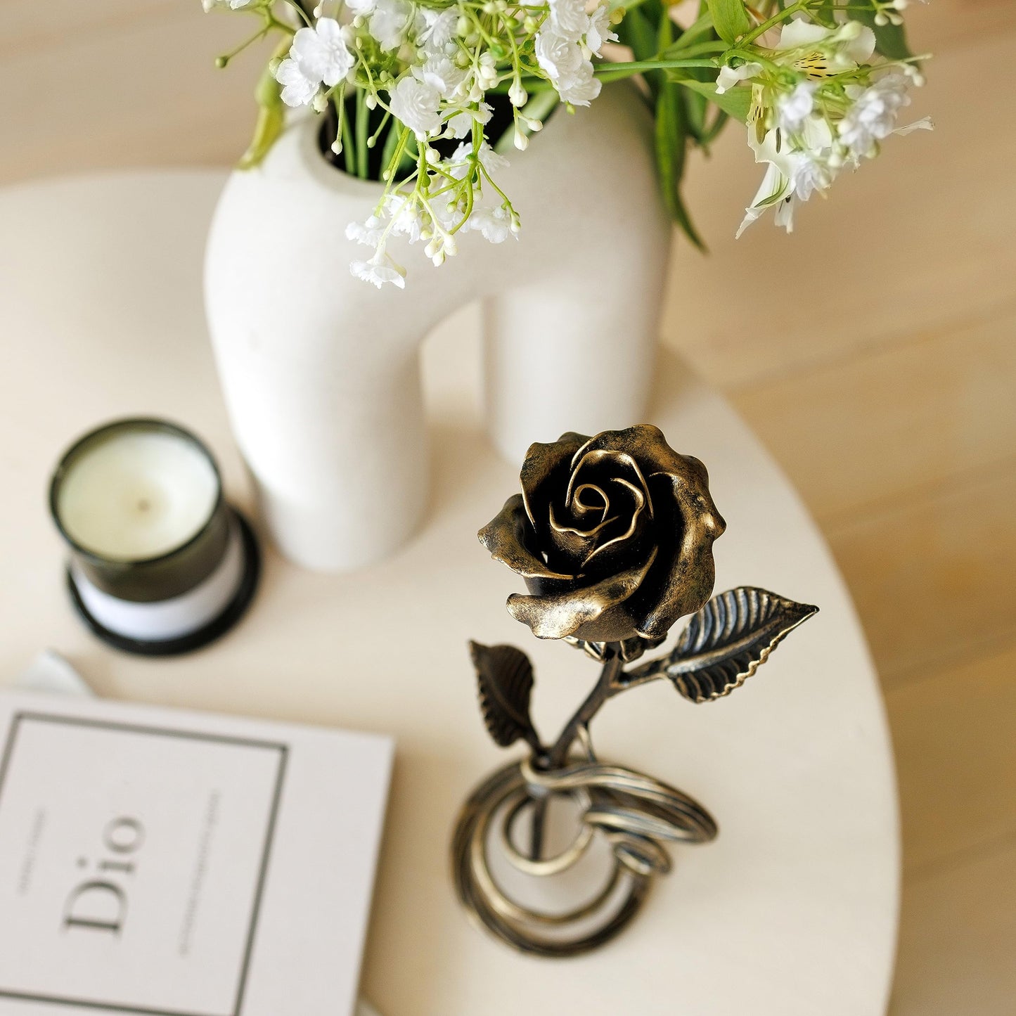 Hand-Forged Bronze Metal Rose with Stand – 8th or 19th for Her, Wife, Husband or Couple – Romantic Eternal Metal Rose Sculpture