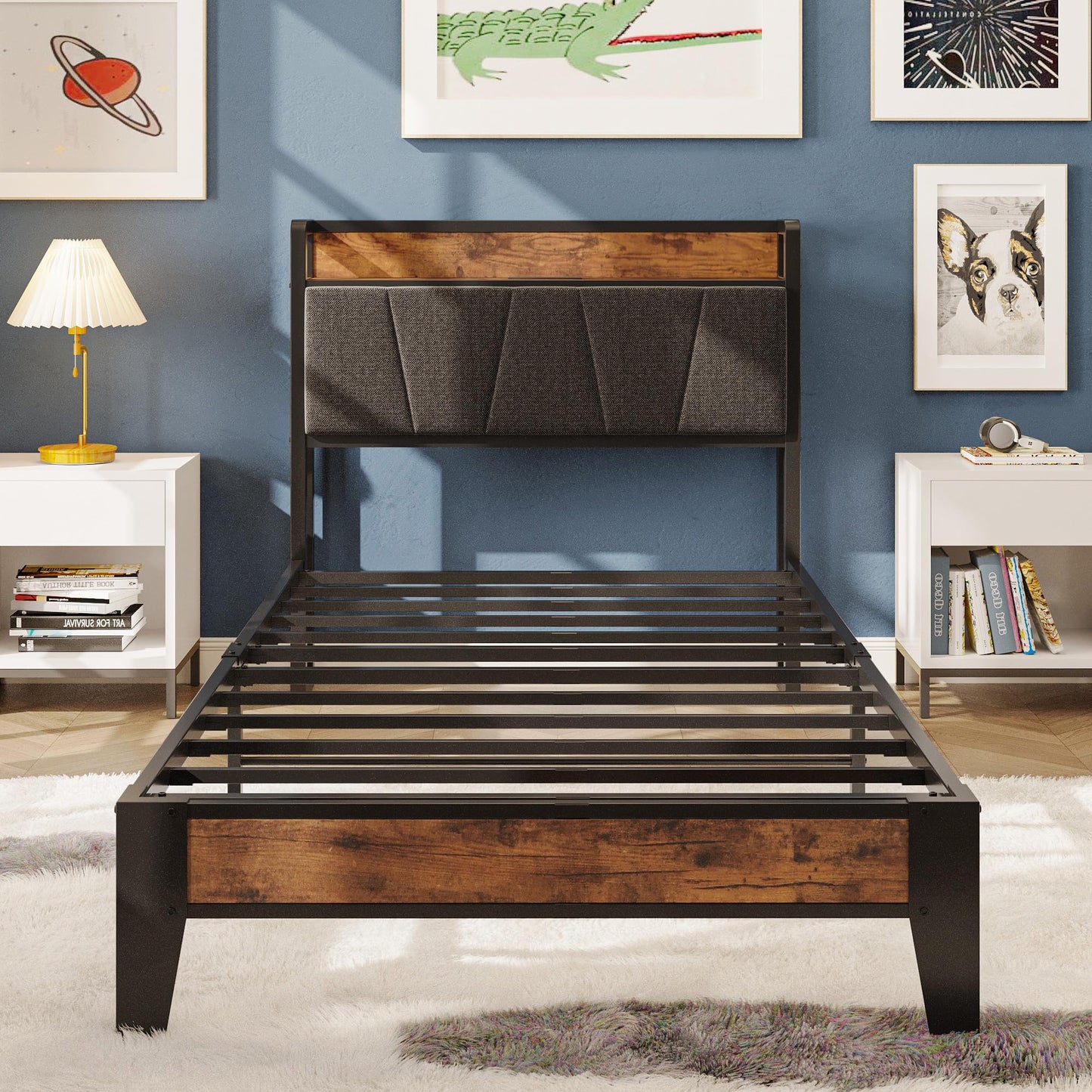 LIKIMIO Twin XL Bed Frames, Storage Headboard with Charging Station, Solid and Stable, Noise Free, No Box Spring Needed, Easy Assembly