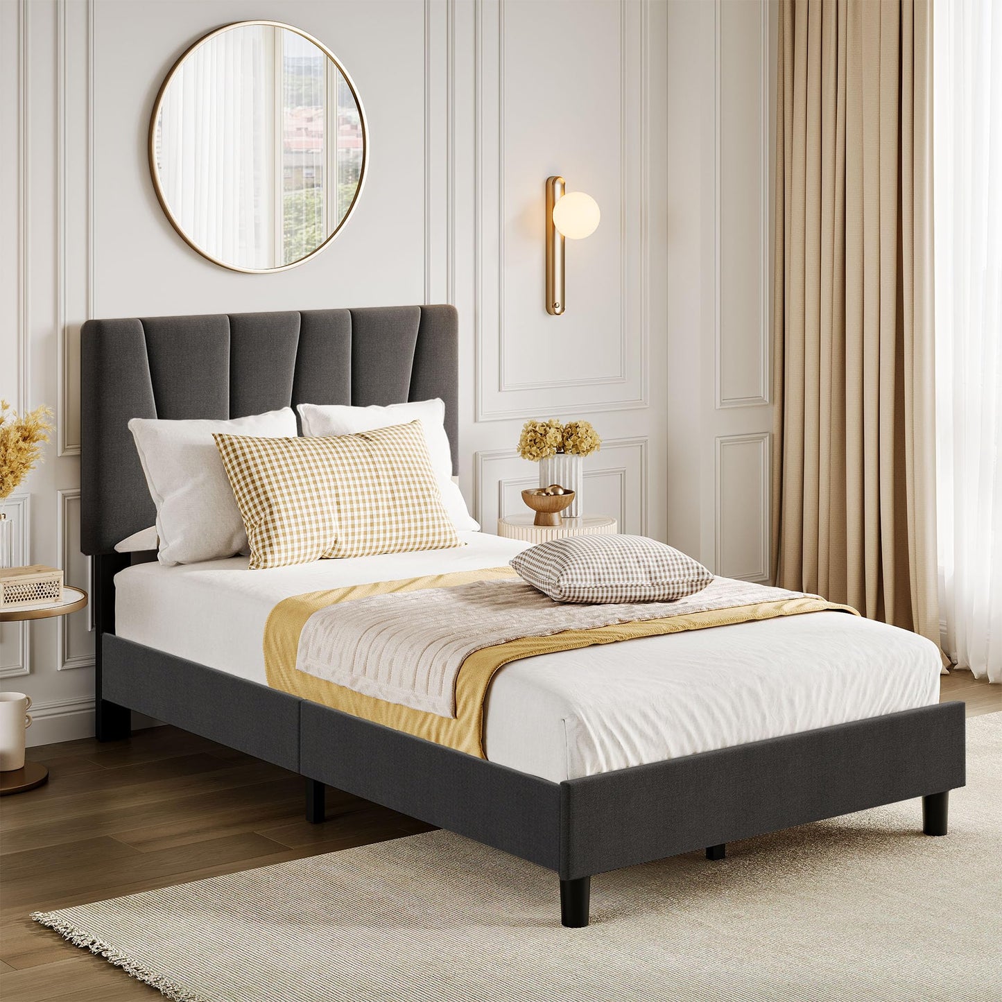 GarveeHome Twin Size Bed Frame with Adjustable Headboard, Linen Upholstered Twin Platform Bedframe with Strong Wooden Slats, Mattress Foundation, No Box Spring Needed, Easy Assembly(Dark Grey, Twin)