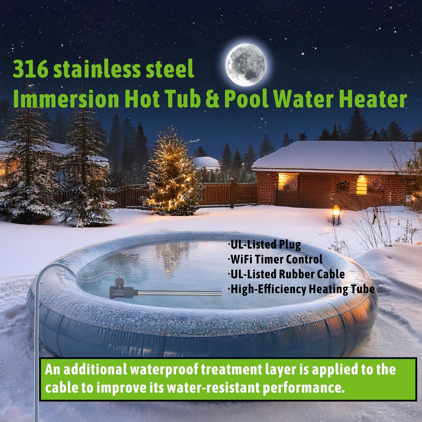 LINGLONGTEMP 2000W Submersible Immersion Water Heater for Hot Tub & Pool – Portable Electric Heater with WiFi Timer & 194°F Temp Control for Bathtub, Baptistry, Above Ground Pool & Inflatable Pool