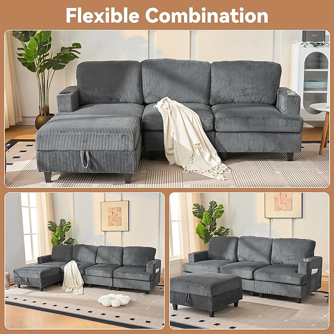 90" L Shaped Modular Sectional Sleeper Sofa, Soft Corduroy Sectional with Armrests, 2 Cup Holders & 2 USB Ports, 21" Deep Seat Cloud Couch for Living Room, Bedroom & Office (Grey, 3 Seat + 1 Ottoman)