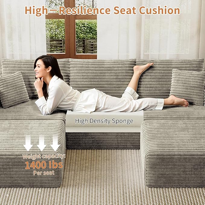 Fancyfire 108" Cloud Modular Sectional Couch with 2 Ottoman,Ultimate Comfort U-Shaped Deep Seat Sofa,Boneless Couch Upholstered 3-Seater Sofas for Living Room, No Assembly Required(Khaki)