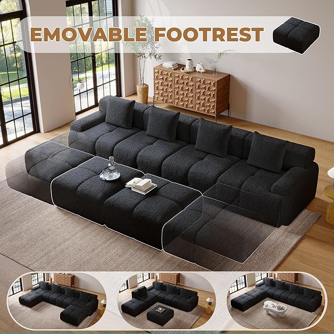 135" Modern L Shaped Modular Sectional Sofa, 6 Seater Convertible Chenille Cloud Couch Sofa Set, Boneless Couches for Living Room with Ottoman, No Assembly Required, Black