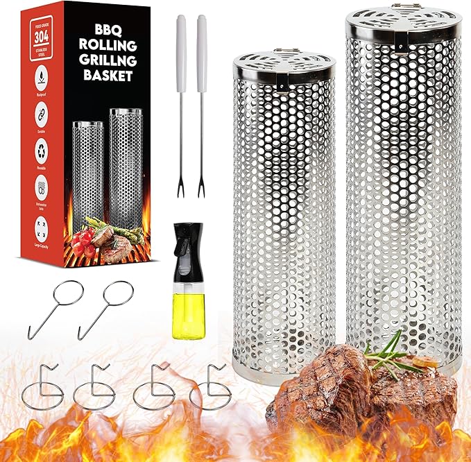 Rolling Grilling Baskets (2 PCS) - 360° Heavy Duty Stainless Steel BBQ Basket, Complete Set for Outdoor Cooking and Party