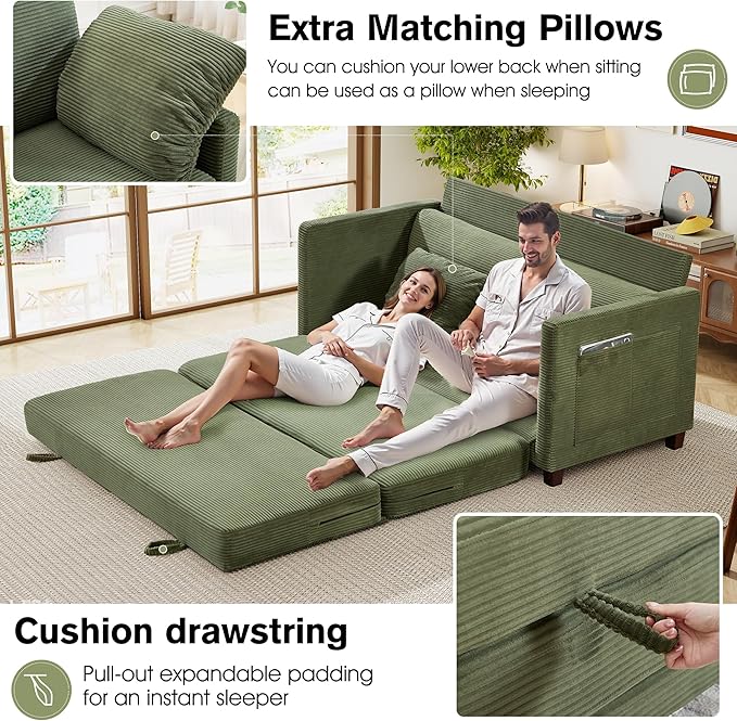 kakuboohi 65" Loveseat Sleeper Sofa Bed, Corduroy Convertible Sofa Bed for Small Spaces, Folding Couch Bed with Deep Seat, 2 Pillows & Solid Frame, Pull Out Floor Couches for Living Room, Green