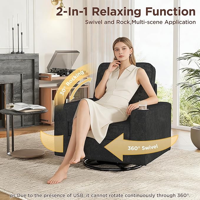 Swivel Square Accent Chair with Wide Armrests,360° Rotating Comfy Single Sofa Chairs with USB/Type-C,Cup Holder & Side Pocket,Modern Armchair for Living Room Bedroom Reading Lounge Nook,Dark Grey | Swivel Accent Chair, with USB/Type-C, Cup Holder, Side...