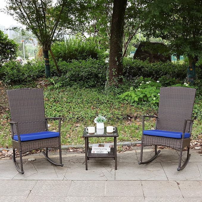 Oasishine Rocking Chair Outdoor 3 Pieces High-Backed Patio Rocking Chairs Bistro Table and Chairs Set of 2, Royal Blue