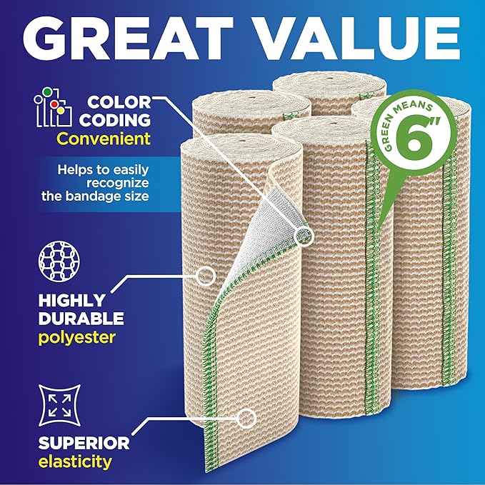 Premium Elastic Bandage Wrap - 6” (5pk) - Strong Compression - Self-Closing Reusable Bandages for Legs, Knee, Abdomen, Lymphedema - Body Wrap