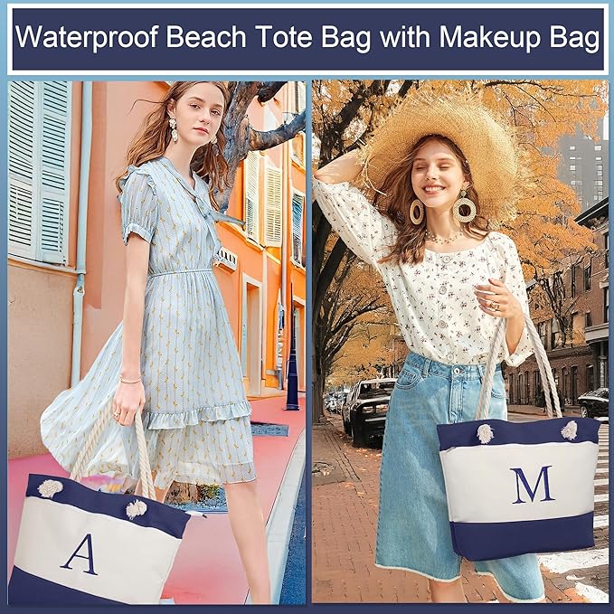 YOOLIFE Beach Bags for Women - Initial Canvas Tote Waterproof Bag with Makeup Bag Gifts for Women Mom Friend Birthday Her