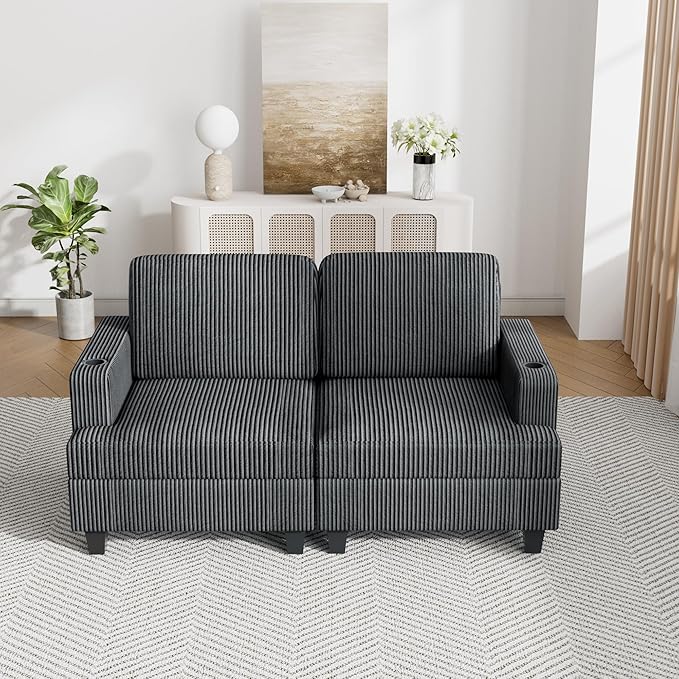 63" Modular Sectional Sleeper Sofa, Soft Durable Corduroy Loveseat with Armrest, 2 Cup Holders & 2 USB Ports, 21" Deep Seat Cloud Couch for Small Spaces Living Room Bedroom Office (Grey, 2 Seat)