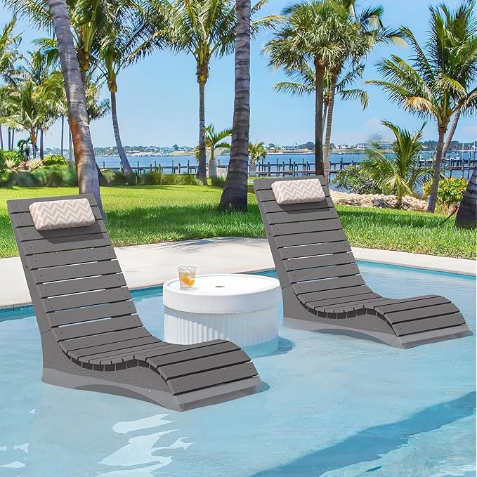 Homenjoy Pool Lounge Chairs Set of 2, Use in Pools Lounge Chairs up to 10-Inches of Water, Chaise Chairs with Headrest, Lounge Chair Outdoor, Fade-Resistant Pool Lounger for Deck