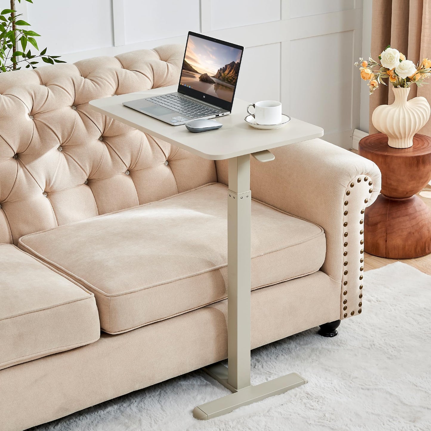 JYouHome Height Adjustable Overbed Table with Hidden Wheels, Mobile Standing Desk Hospital Bed Table Laptop Bedside Sofa Side Table, 16" D x 28" W Multi-Purpose Rolling Overbed Table, Greyish White