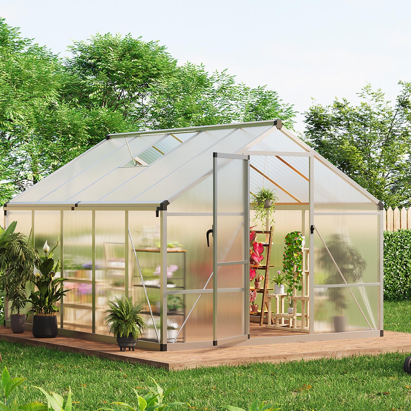 Greenhouse, 8x10 Ft Outdoor Greenhouses, Greenhouse Kit, Portablee Greenhouses with Ground Nails and Vent Windows, Sliding Lockable Door, Polycarbonate Green House for Outside Garden Backyard, White