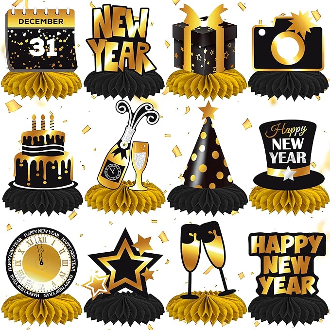 2026 Happy New Year Party Honeycomb Centerpieces 12Pcs New Years Eve Party Centerpieces for Table Happy New Year Party Dec...