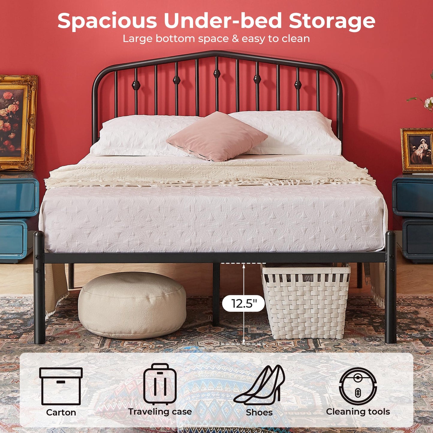 Susalt Metal Queen Bed Frame, 14 Inch Sturdy Queen Size Bed Frame with Headboard and 12.5" Under-Bed Storage, Safe Round Corner, Noiseless, No Box Spring Needed, Easy Assembly, Black