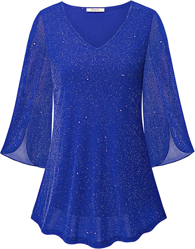Bebonnie Womens Ruffle 3/4 Sleeve V Neck Double Layers Mesh Blouses Loose Fit Flowy Tunic Tops