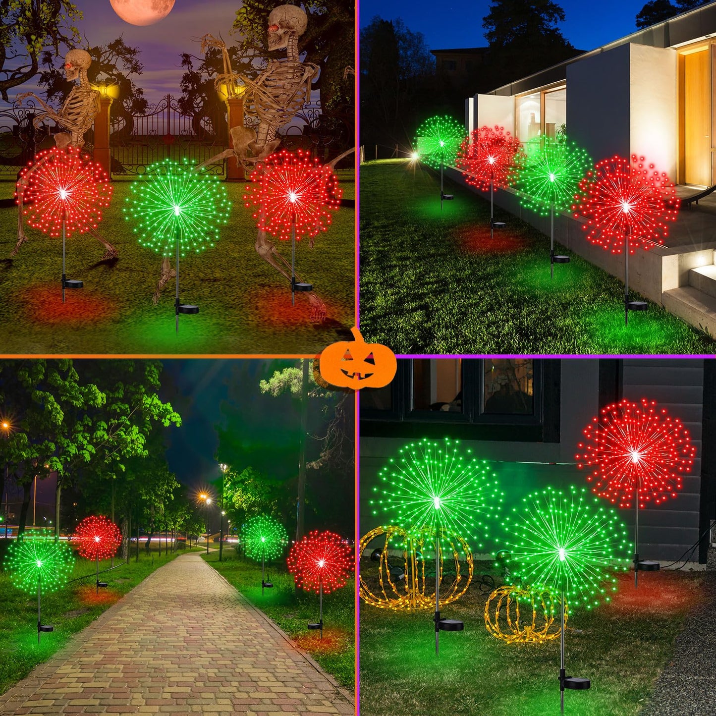 Tujoe 4 Pack Valentine's Day Solar Firework Lights Decorations Garden Pathway Solar Power Light Stake Waterproof with 180 LED 8 Modes for Valentine's Day Mardi Gras Decoration(Red Green)