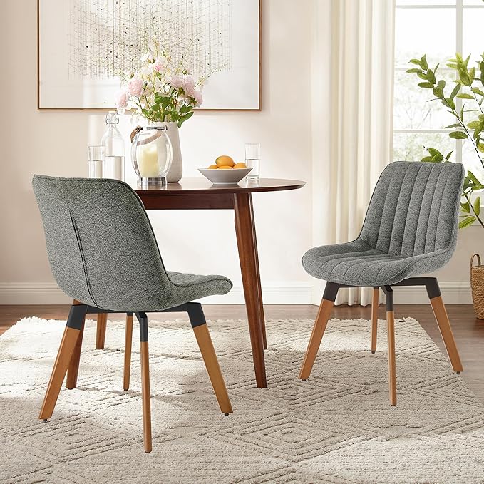Art Leon Swivel Dining Chairs Set of 2, Mid Century Modern Dining Room Chair, Fabric Upholstered Armless Chair with Wood Legs for Kitchen Living Room Bedroom, Dark Gray