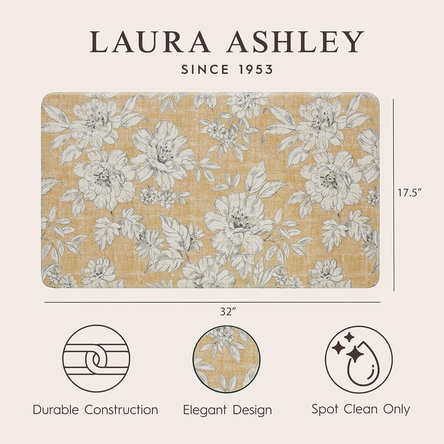 Laura Ashley – Anti-Fatigue Kitchen Mat | Iris Floral Design | Stain, Water & Fade Resistant | Cooking & Standing Relief | Non-Slip Backing | Measures 17.5” x 32”| Tawny Yellow Iris