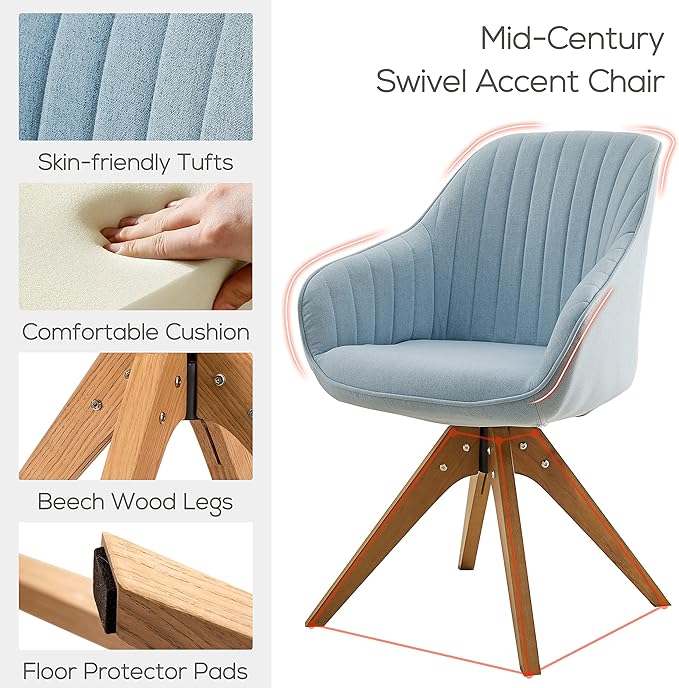 Art Leon Dining Chair, Mid Century Modern Fabric Upholstered Swivel Dining Room Chair with Wood Legs, Leisure Side Chair with Arms for Living Room, Candy Blue