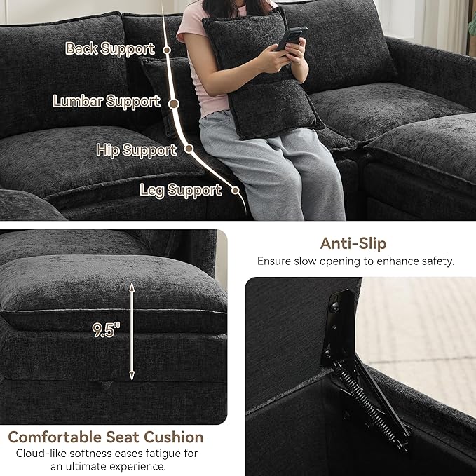 80" Cloud 3 Seater Sectional Modular Couch with Storage, Upholstered Storage Sofa Modern Couch Deep Seat, Chenille Convertible Sofa Comfy Couches with Armrests for Living Room, Small Space, Black