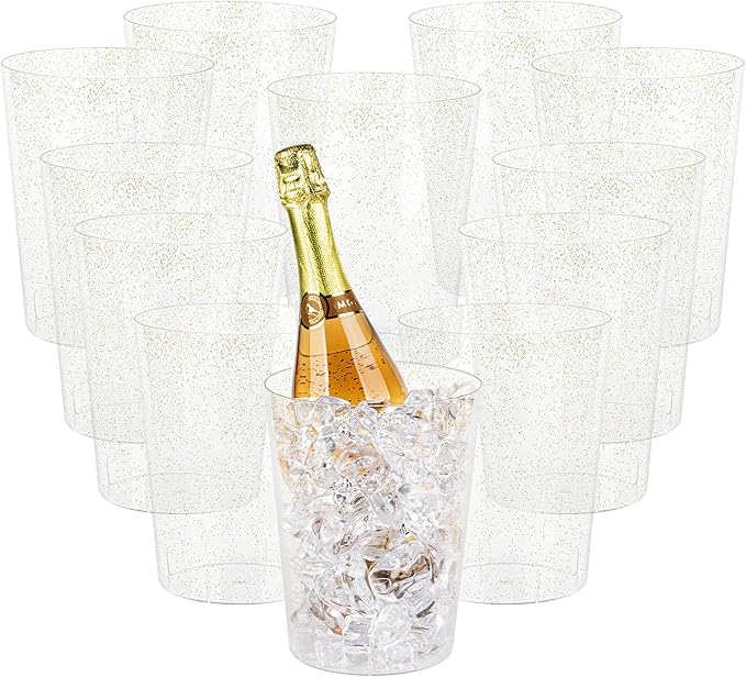 Tiawudi 12 Pack Plastic Ice Bucket For Parties, Gold Glitter Clear Wine Cooler for Wedding, Good as One Large Champagne Ch...