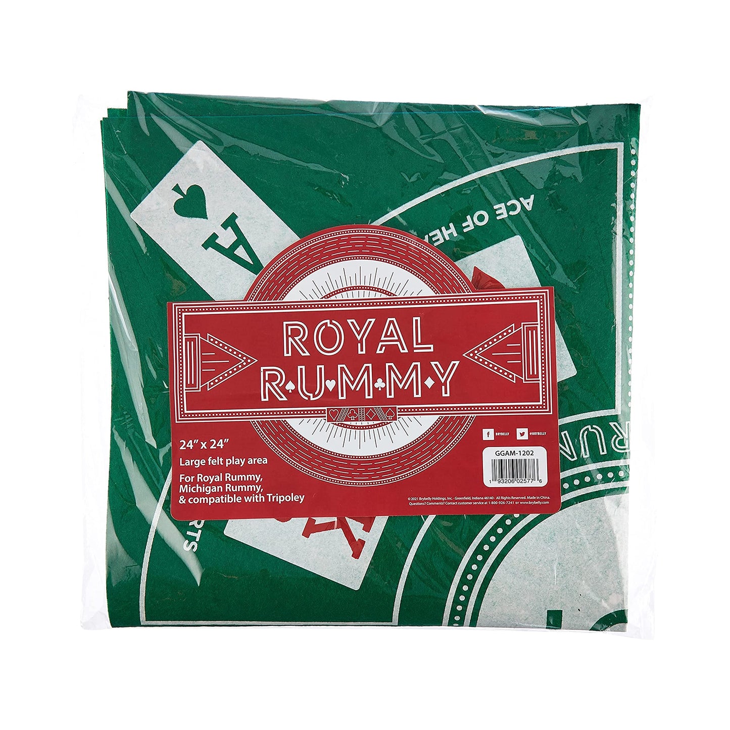 MBGBrybelly Royal Rummy Play Mat - 24" x 24" Green Felt Mat - Classic Family Casino Card Games of Bets and Bluffs - for Fans of Poker, Michigan Rummy, and Rummy Games - 30+ Min Gameplay, 2-9 Players