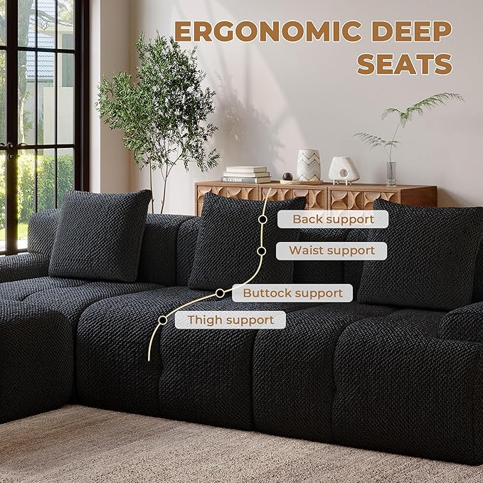 104" Modern L Shaped Modular Sectional Sofa, 4 Seater Convertible Chenille Cloud Couch Sofa Set, Boneless Couches for Living Room with Ottoman, No Assembly Required, Black