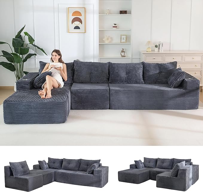 MAXYOYO 132" Oversize Modular Sectional Couch with L-Shape Chaise, Modern Boneless Couch for Living Room, Sofa in A Box, Oversized Sofa Sleeper with Deep Seat, No Assembly Required, Dark Grey