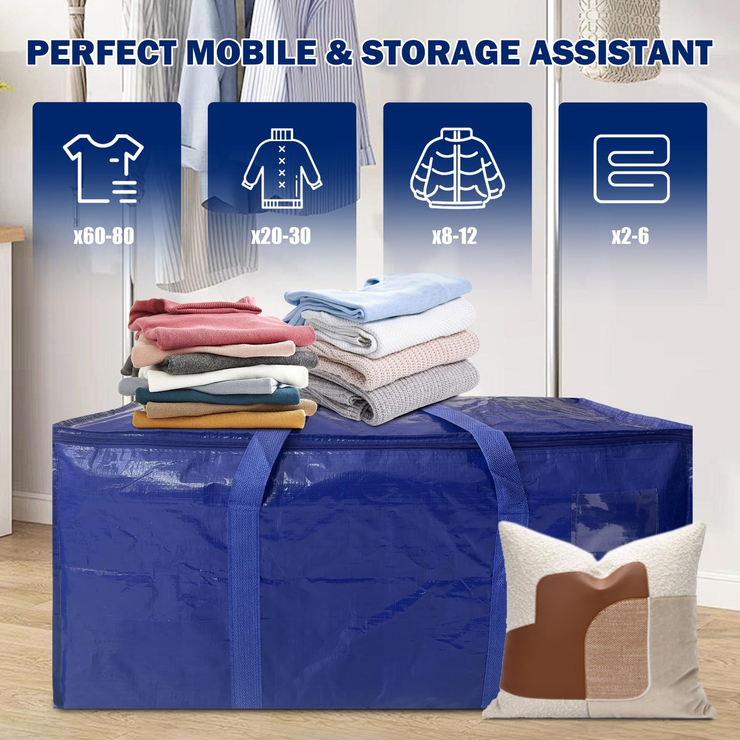 12 Pack Extra Heavy Duty Large Moving Bags with Strong Zipper & Carrying Handles, Sturdy Clothes Storage Bags Totes Bins, Packing Bag Move Boxes College Moving Supplies, Dark Blue - 24 gal