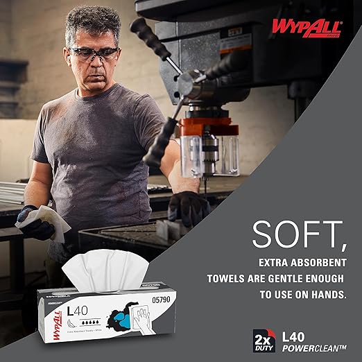 WypAll PowerClean L40 Cloths Extra Absorbent Wipes (05790), Pop-Up Box, Bulk Paper Wipers, White (9 Packs of 100 Sheets, 900 Sheet Total)