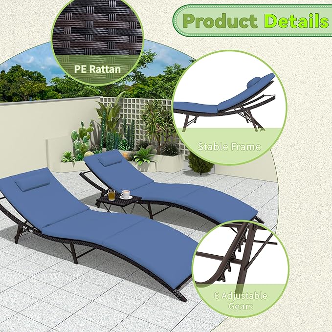 Trumbeak Patio Chaise Lounge Set 3 Pieces Pool Lounge Chairs,Cushioned Outdoor Folding Lounge Chair w/Rattan Adjustable Backrest for Poolside Porch,Folding Table Included,NavyBlue