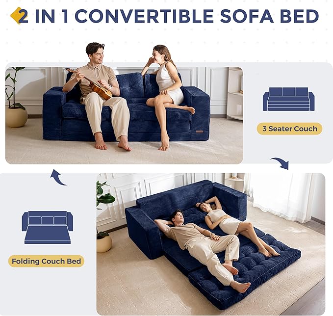 MAXYOYO Convertible Sofa Bed, Pull Out 3 Seater Sleeper Sofa, 2 in 4 Folding Couch Bed, Fold Out Floor Couch with Pillows for Living Room Bedroom Lounge, Navy