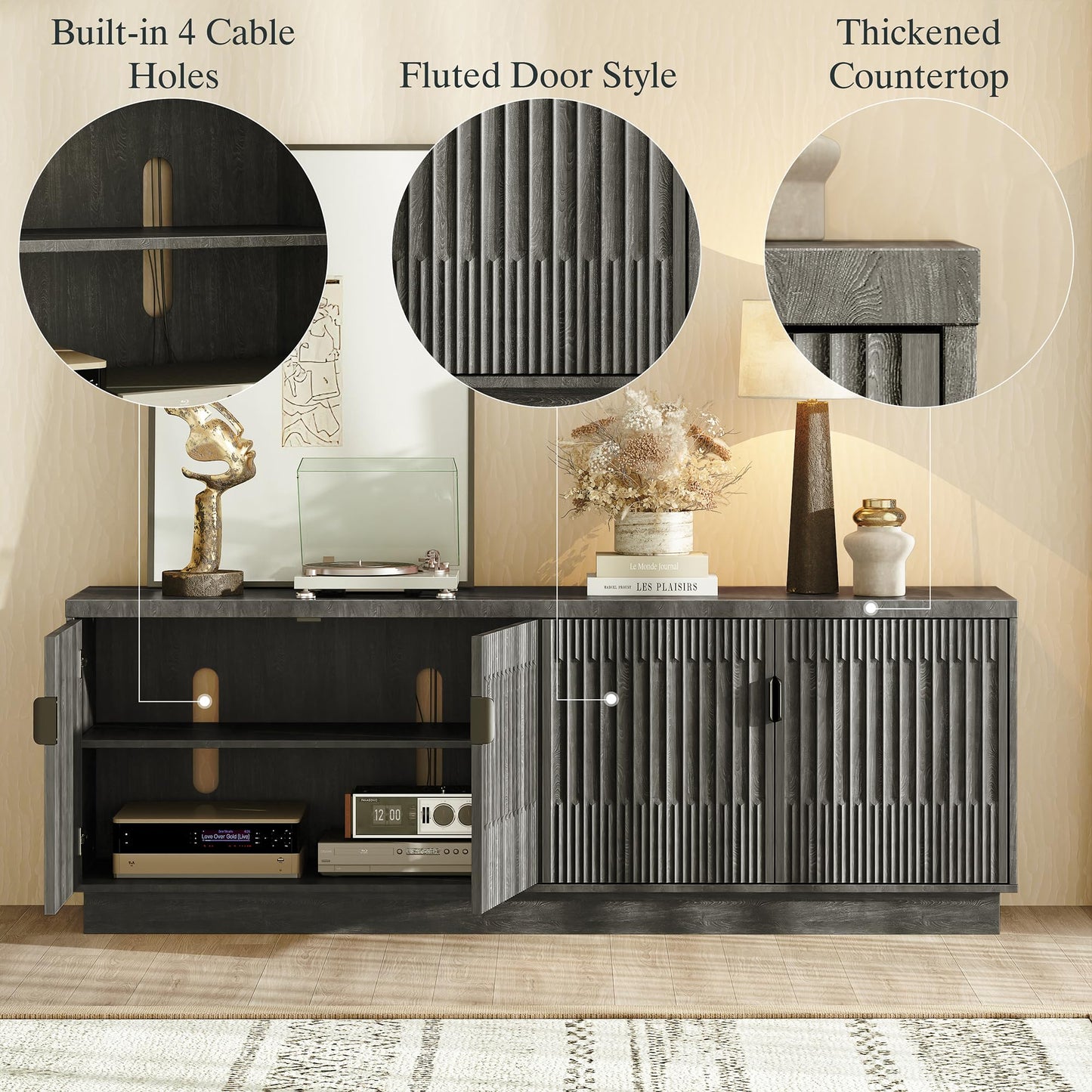 Farmhouse TV Stand for Television Up to 75 Inches, 4 Fluted Doors Rustic Entertainment Center with Storage & Adjustable Shelves, Mid Century Modern Wood TV Consoles for Living Room Bedroom, Black
