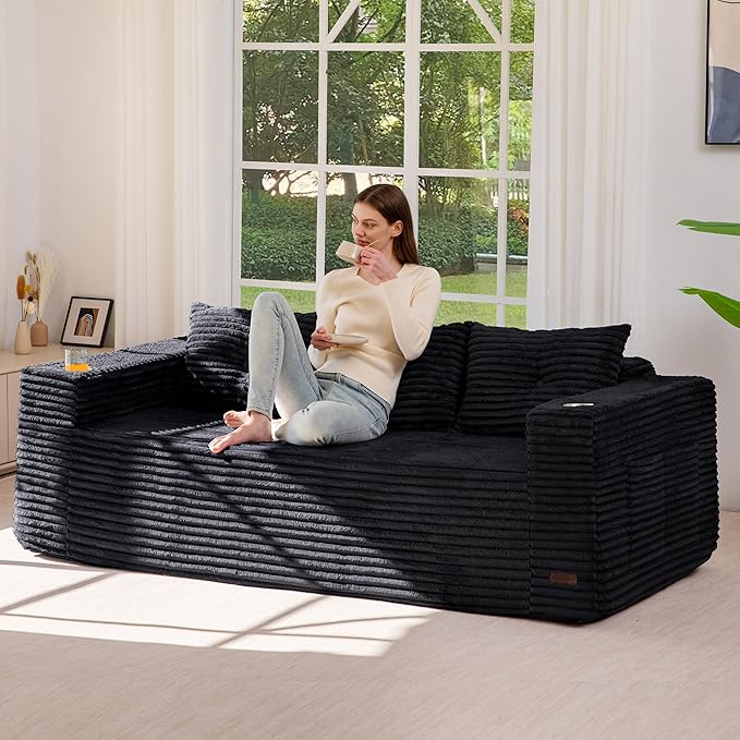 MAXYOYO 79" Oversized Boneless Loveseat Sofa Couch for Small Spaces, Mini Love Seat Floor Couch with Cup Holders and Pillows, 3-Seater Upholstered Cloud Couch for Bedroom, No Assembly Required