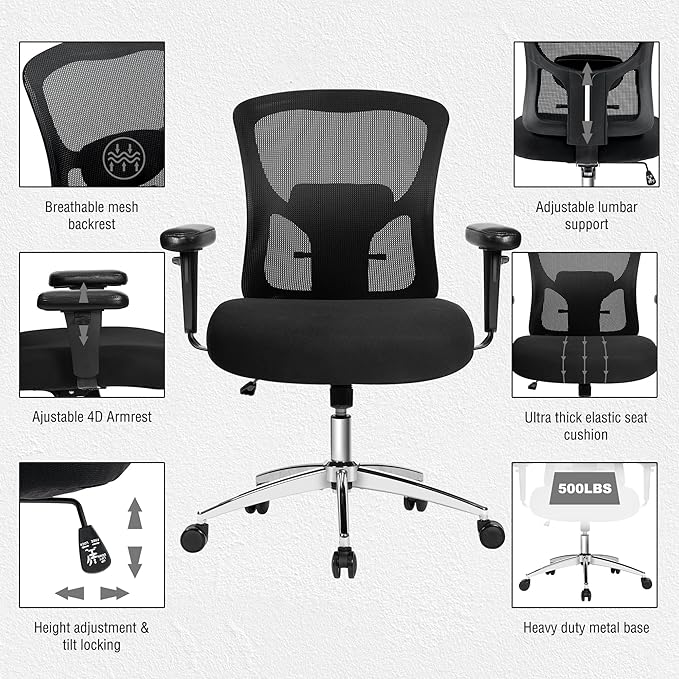 Big and Tall Office Chair 600lbs, Heavy Duty Ergonomic Mesh Chair, Computer Executive Desk Chair with Wide Thick Seat, Adjustable Armrests, Lumbar Support
