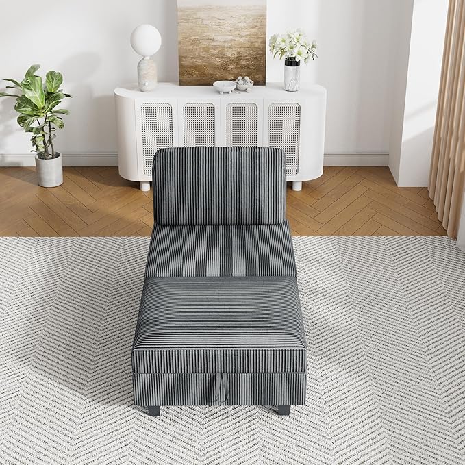 31" Convertible Modular Sleeper Sofa in Soft Corduroy with Attachable Storage Ottoman, 21" Deep Seat Cloud Couch Easy Assembly for Small Spaces Living Room Bedroom Office (Grey, 1 Seat + 1 Ottoman)