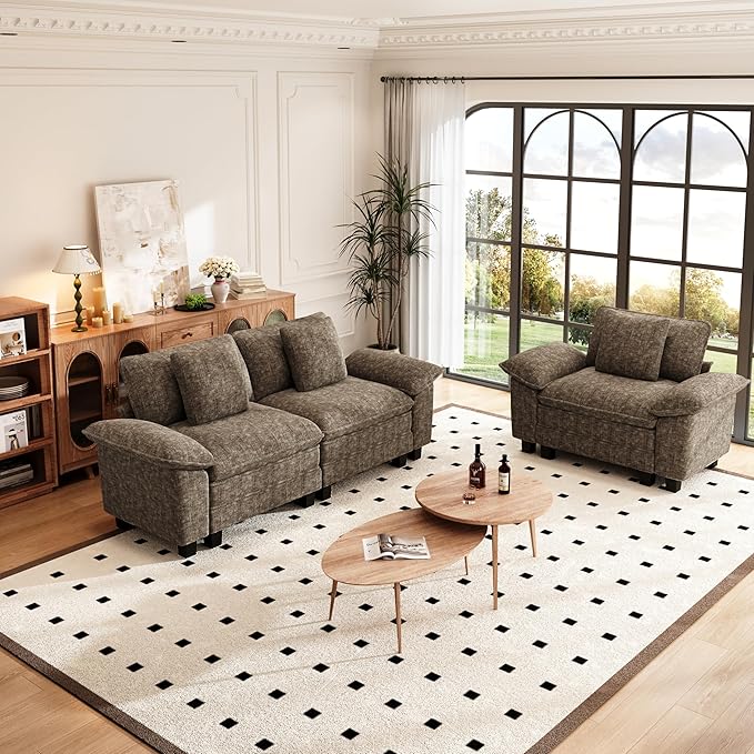 PHI VILLA Cloud Modular Couches Sets, 2 Pieces Sectional Sofa Set with Loveseat, 3-Seater Comfy Couch for Living Room Apartment, Chenille Fabric, Taupe