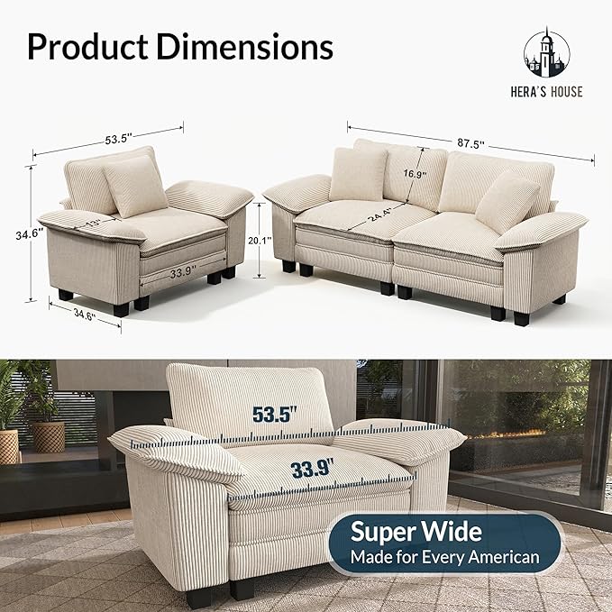 HERA'S HOUSE 2 Pieces Modular Sectional Sofa Sets, Oversized Couch Set with Loveseat and Armchair, Comfy Cloud Couches with Throw Pillows, 3-Seater Deep Seat Sofa for Living Room, Corduroy Beige