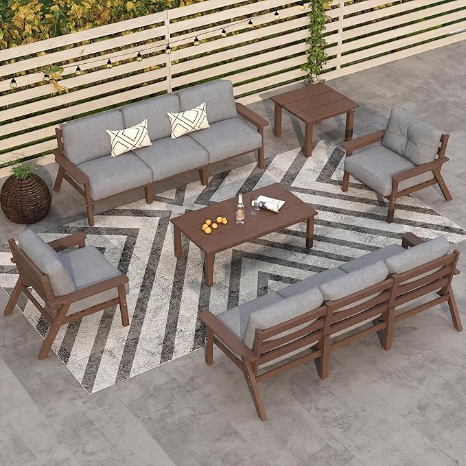 Patio Kingdom 10 Piece Outdoor Patio Furniture Set, Outdoor Couch with Washable Thick Gray Cushions, Coffee Table & Side Table, Patio Conversation Sets for Lawn, Garden, Porch, Balcony (Brown Frame)
