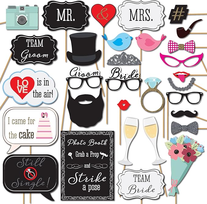 Wedding Photo Booth Props with 8 x 10-Inch Sign, 45 Adhesive Pads, 35 Wooden Sticks - Signs for Wedding Backdrop and Selfi...