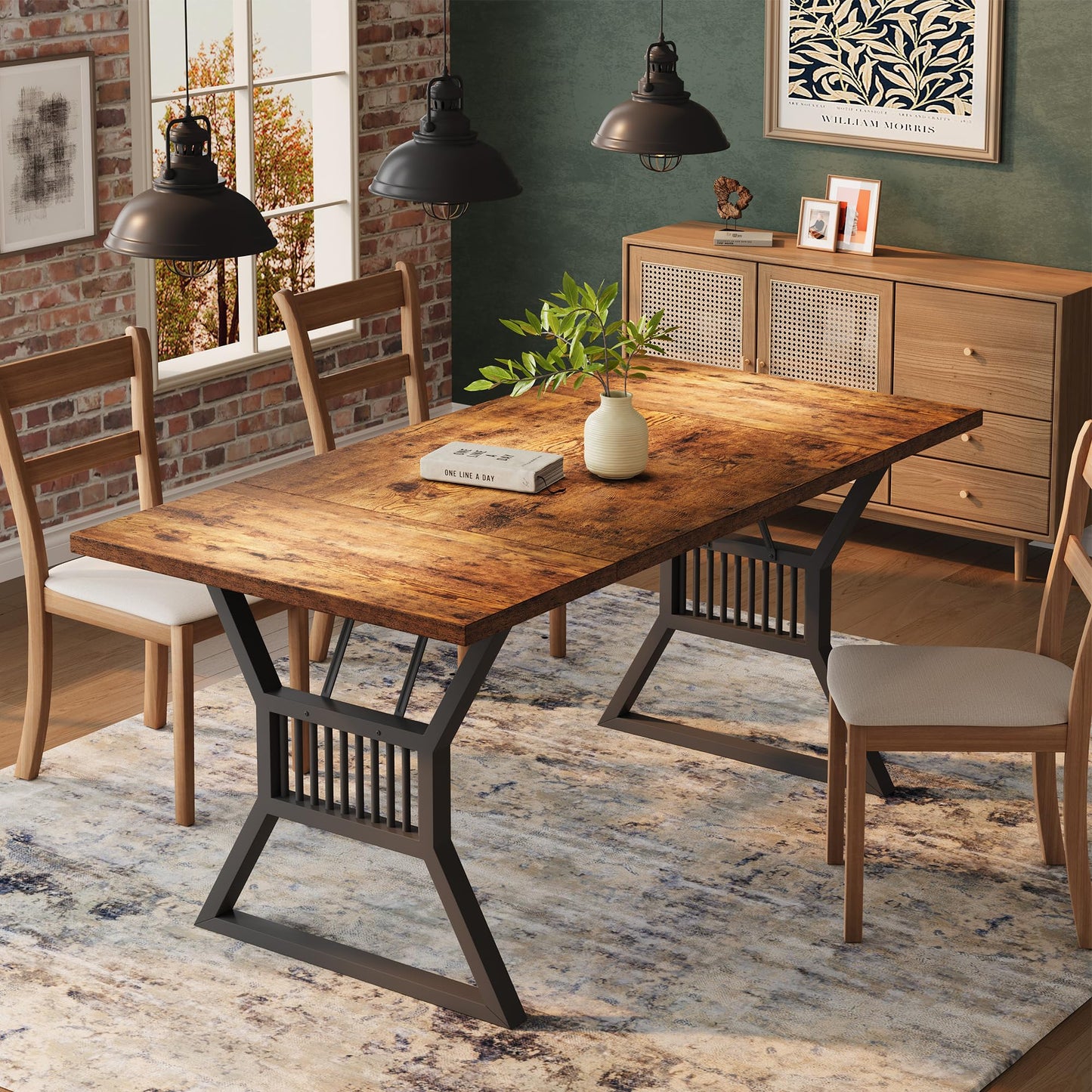 GarveeHome 70.8 in Dining Table 4-6 Person, Kitchen Table with Heavy Duty Metal Legs, Farmhouse Dining Room Table for Kitchen, Living Room