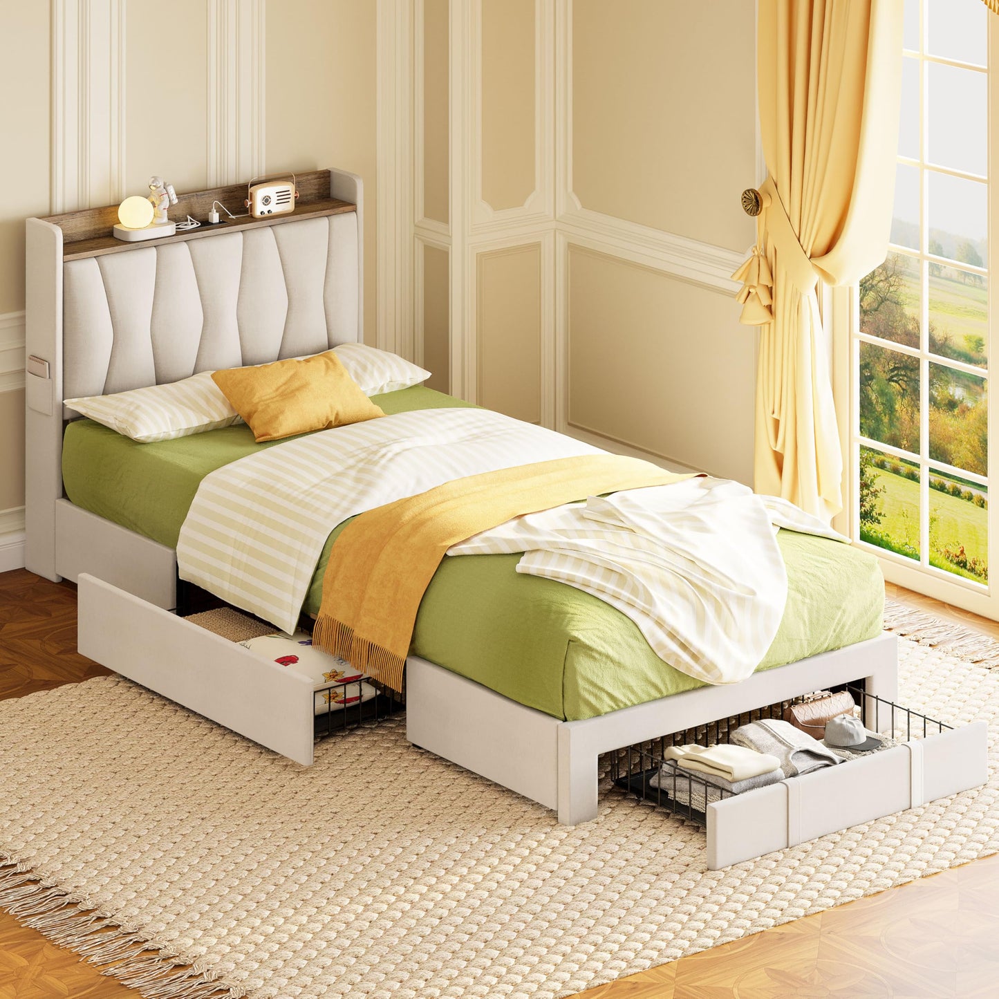 ANCTOR Twin XL Bed Frame with 3 Drawers, Upholstered Platform Bed with Storage Headboard and Charging Station, No Box Spring Needed, Easy Assembly, Beige