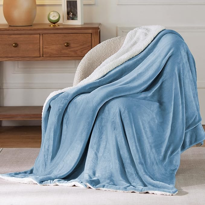 Bedsure GentleSoft Sherpa Fleece Throw Blanket for Couch - Thick and Warm Throw for Women and Men, Soft Fuzzy Plush Blanket for Winter, Non-Heated, Washed Blue, 50x60 Inches