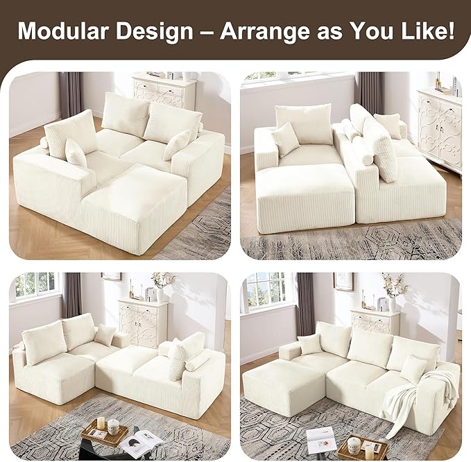 108" Modular Sectional Sofa, Compression Sofa with Deep Seat, Modular L-Shape Couch with Chaise, Upholstered Couches for Living Room Bedroom, No Assembly Required (White Corduroy, 108" L Shape)