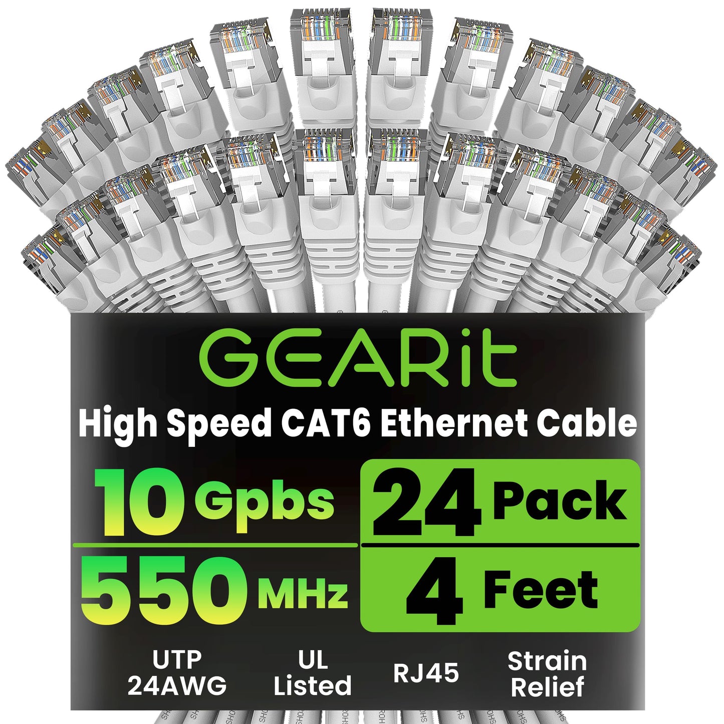 Gearit Cat 6 Ethernet Cable (24-Pack 4 Feet) Cat6 Network Patch, 10Gbps, Rj45, Snagless Cord, Gold-Plated Connectors, Internet F