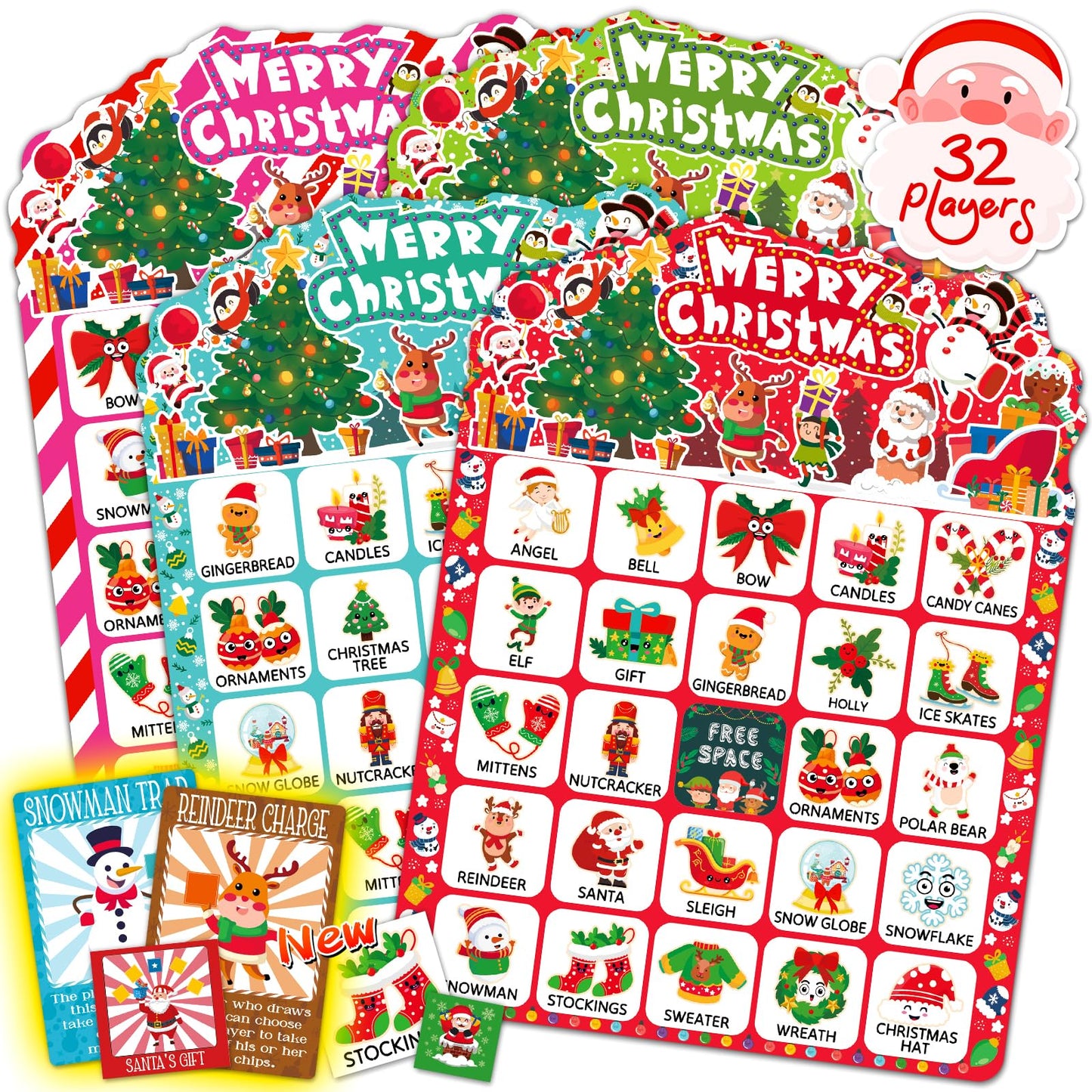 zheyistep 56 Sheets Christmas Bingo Game, 32 Players Christmas Bingo Cards for Kids Adults Christmas Party Game for Family Large Group Winter Holiday Party Favor Kids Bingo