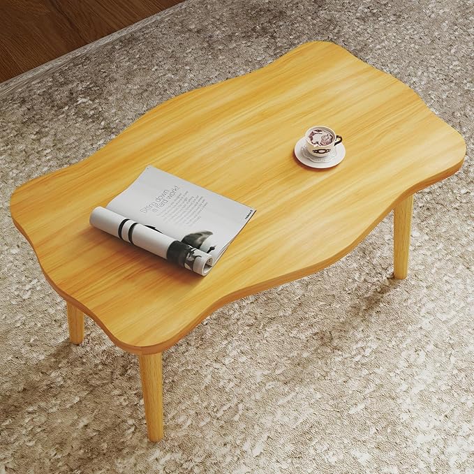 Funecy Cookie Coffee Table Low Table with 4 Solid Wood Sturdy Legs, Floor Table Desk for Sitting on The Floor, Storage and Living Room Furniture (Natural)