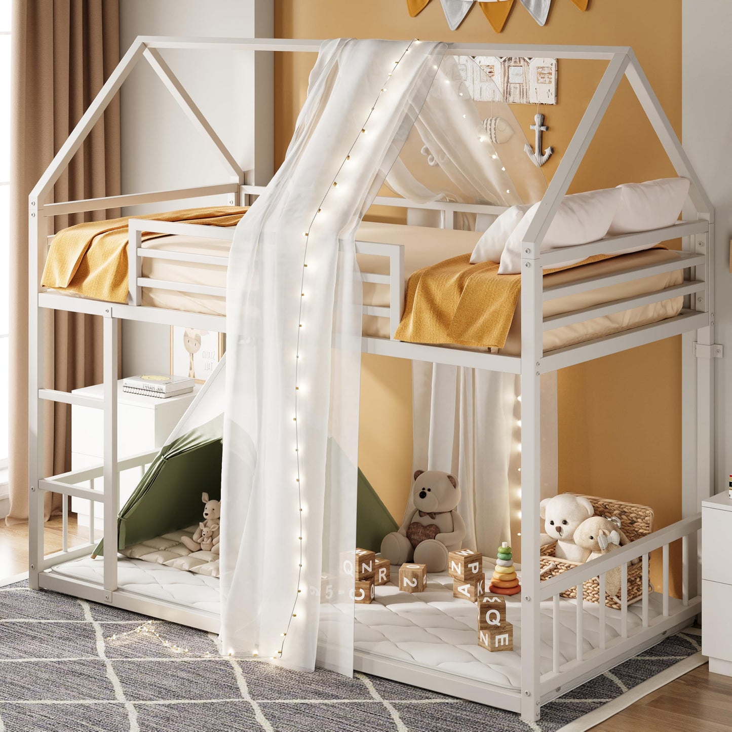 LIKIMIO Bunk Bed Twin Over Twin, House Bunk Bed Frame with Ladder and Guardrail, House Shaped with Metal Slats for Dormitory and Bedroom, Space Saving, No Box Spring Needed, White