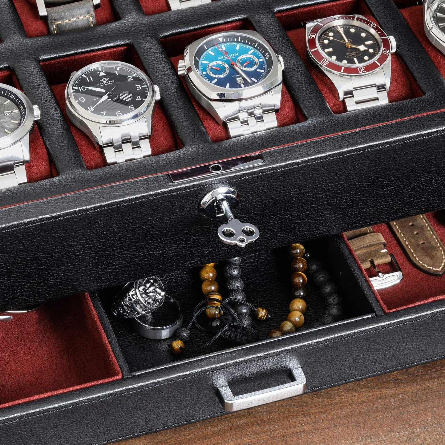 ROTHWELL 12 Slot Leather Watch Box with Valet Drawer - 12 Slot Luxury Watch Case Display Organizer, Microsuede Liner, Mens Accessories Holder, Jewelry Case, Jewelry Display Organizer (Black/Red)